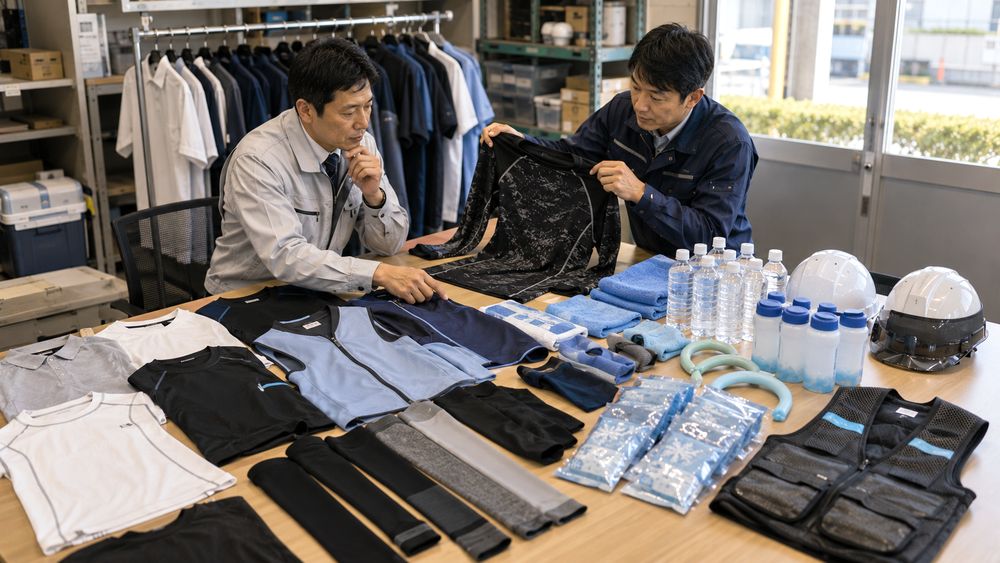 冷却衣服とプレクーリング用品を現場で準備するイメージ