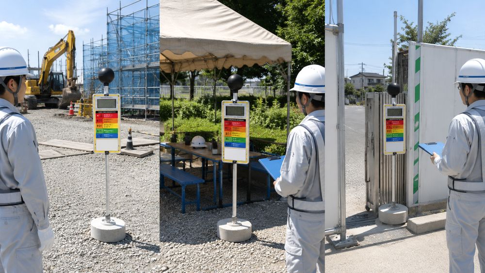 日向・休憩所・作業場所で熱中症計の設置場所を比較するイメージ