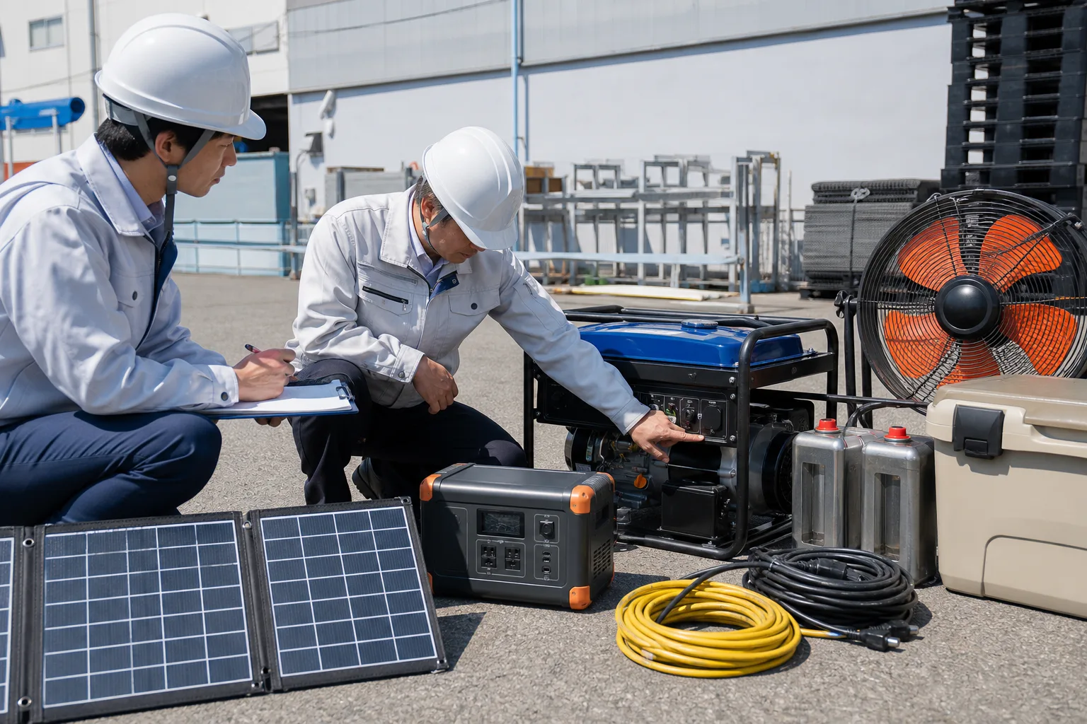 法人担当者が発電機・蓄電池・燃料・冷却機器を点検するイメージ