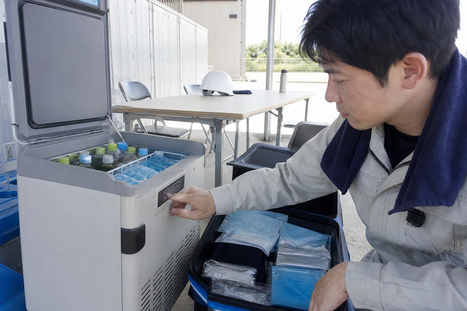 冷温庫で飲料や保冷剤を管理する現場休憩所のイメージ