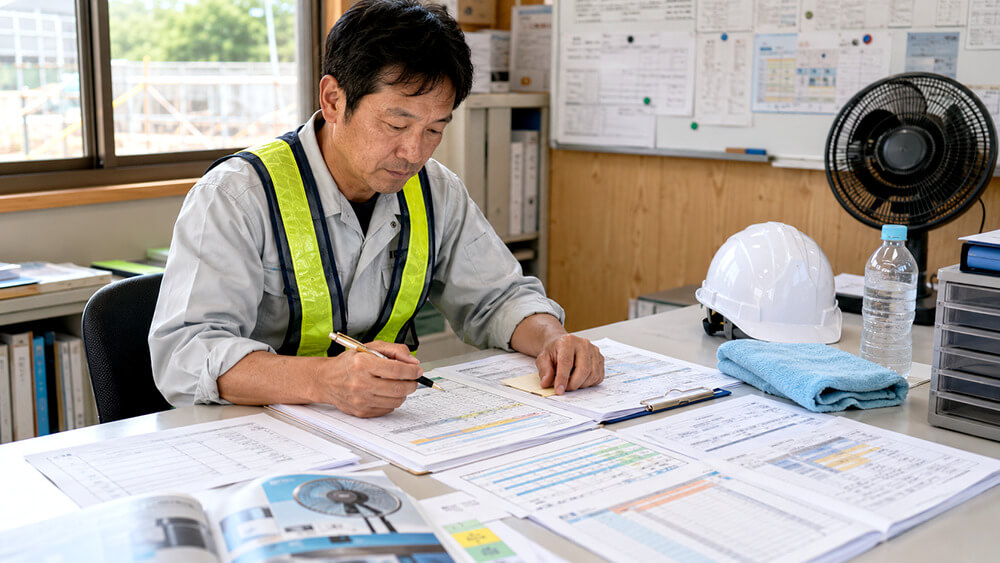 熱中症対策のWBGT記録や休憩記録を確認する元請担当者