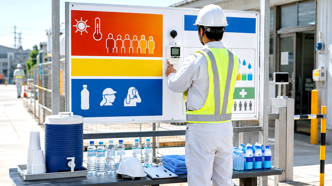 現場に設置された熱中症対策の掲示物と注意喚起ボード