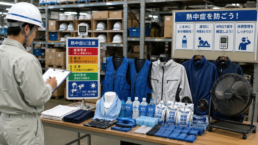 熱中症注意標識と空調服・冷却ベスト・工場扇をまとめて準備するイメージ