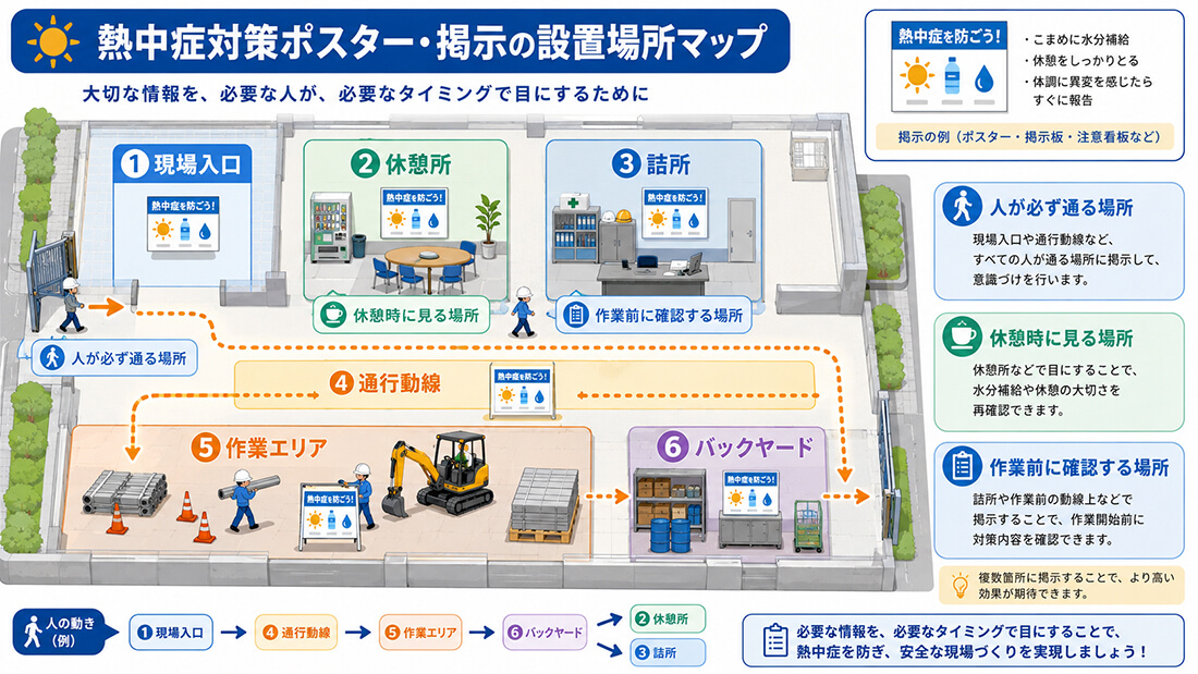 熱中症対策の掲示物や標識を設置する場所の図解