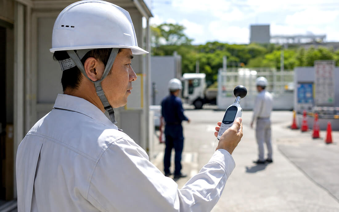 建設現場で熱中症計を確認して暑さ指数を管理している様子