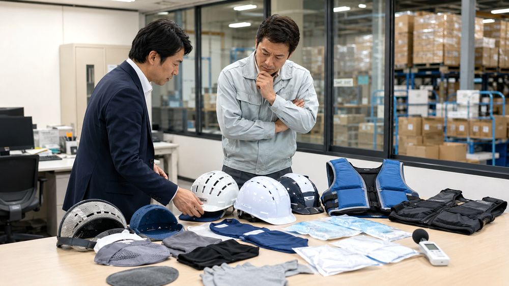 法人担当者がヘルメット暑さ対策用品を確認するイメージ