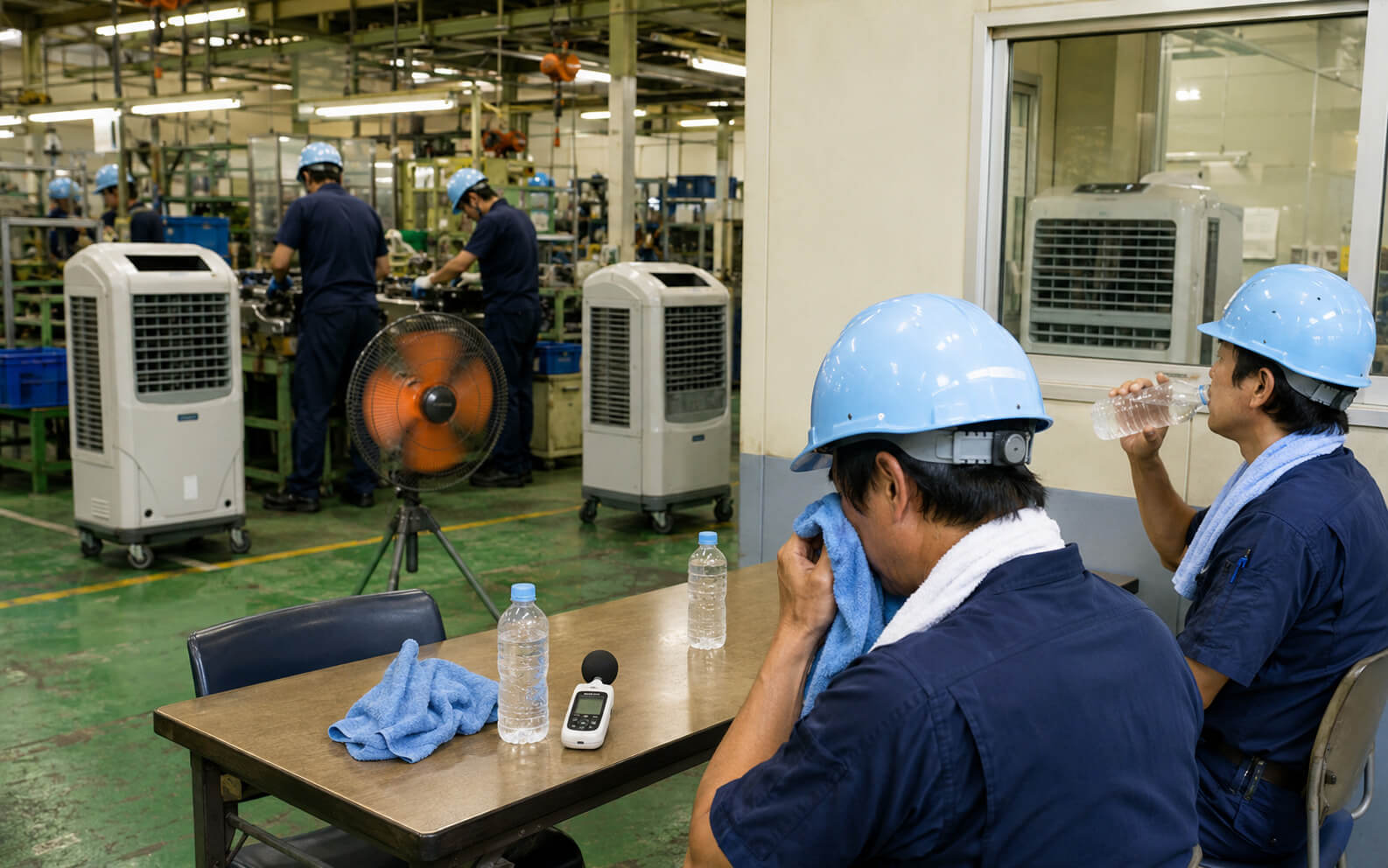 ヘルメット着用現場で工場扇や冷風機を使う熱中症対策