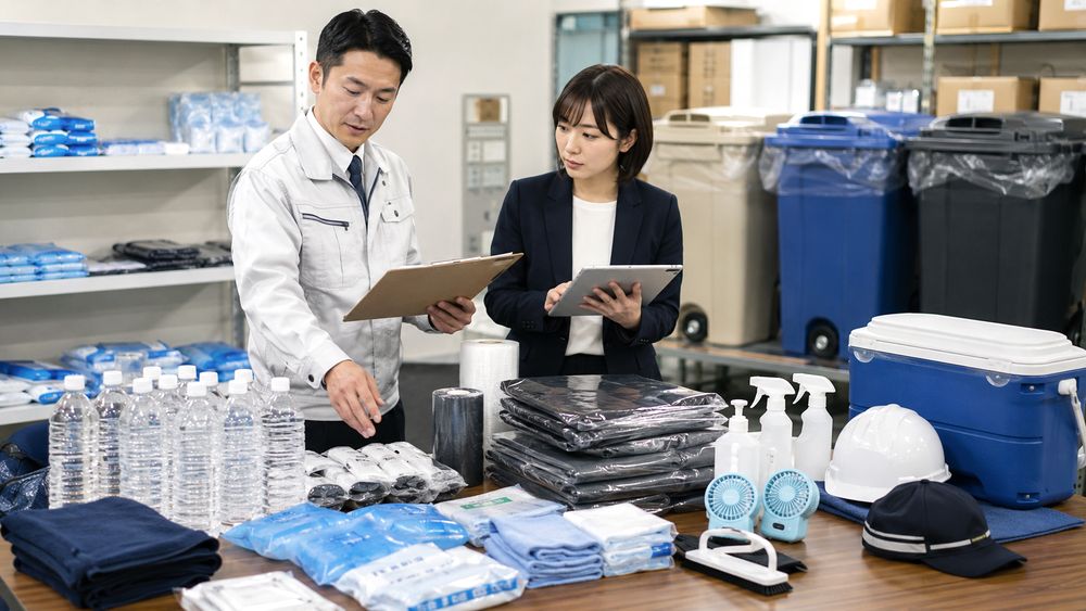 衛生用品と熱中症対策用品をまとめて準備するイメージ