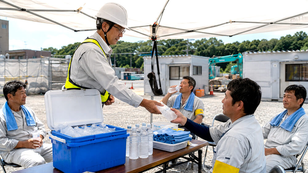 屋外作業の休憩時にアイススラリーを準備する様子