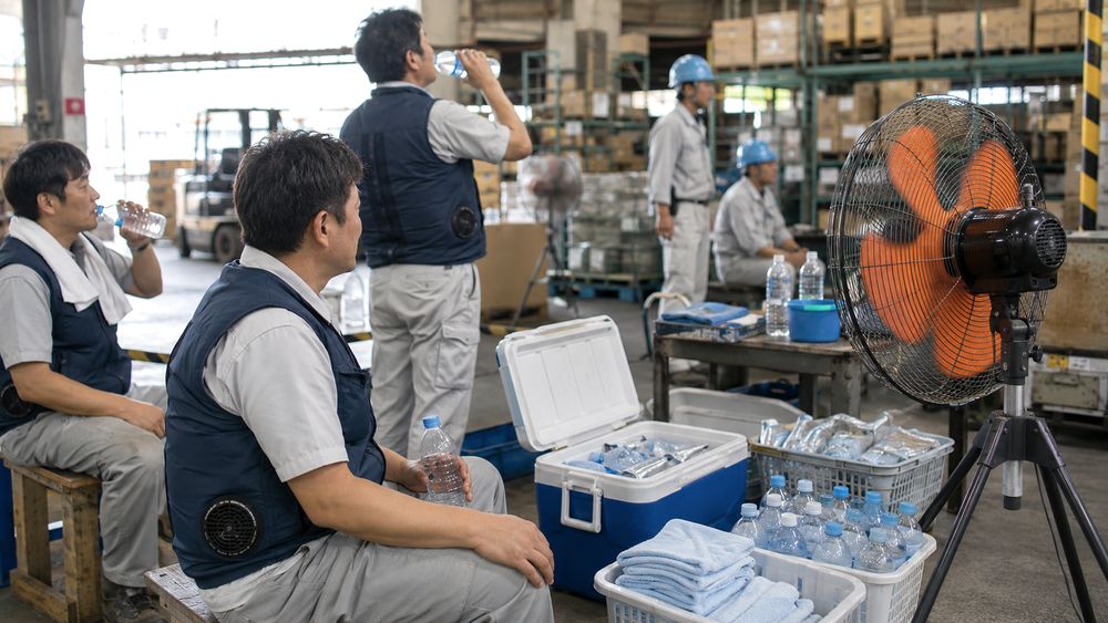 現場の休憩所でアイススラリーを支給する熱中症対策の様子