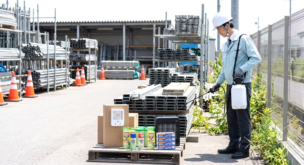 資材置き場で噴霧器を準備するイメージ