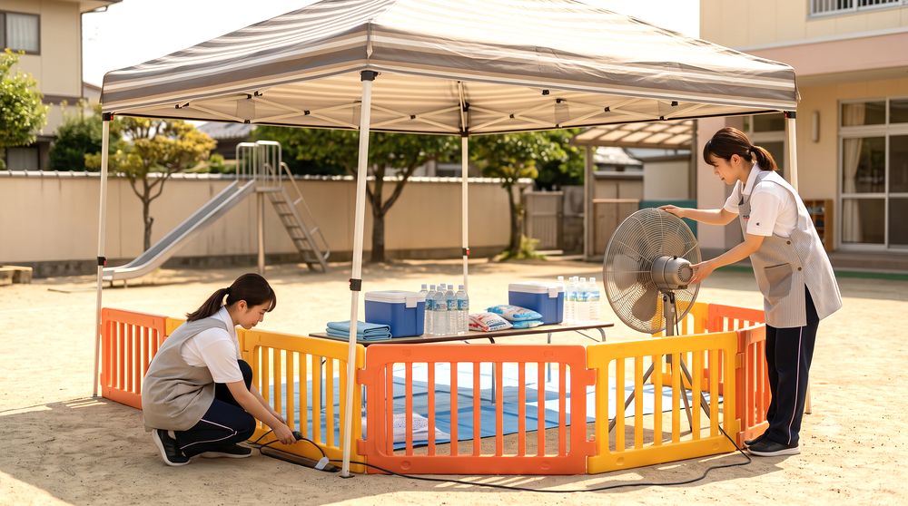 外遊び前に日陰と水分補給場所を確認するイメージ
