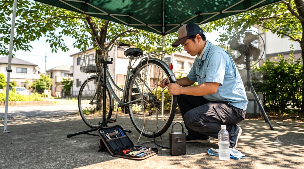 屋外でのパンク修理・チェーン調整のイメージ