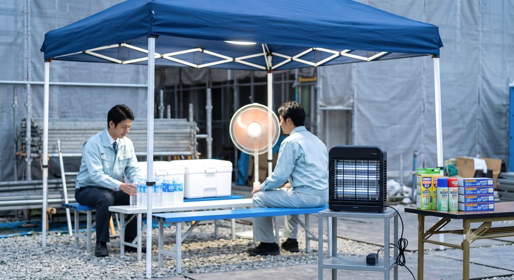 屋外休憩所で蚊対策用品を設置するイメージ