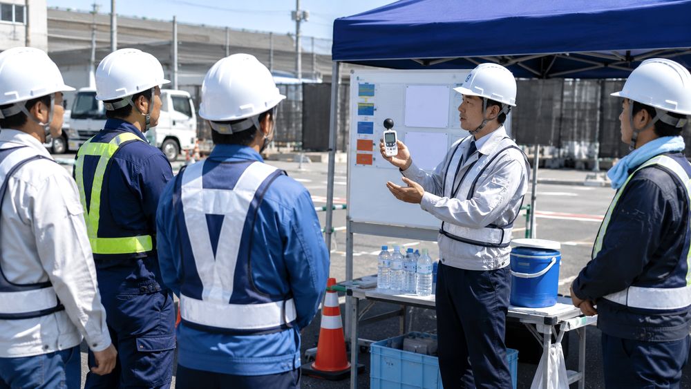 屋外立ち仕事の現場でWBGT確認と休憩ルールを共有するイメージ