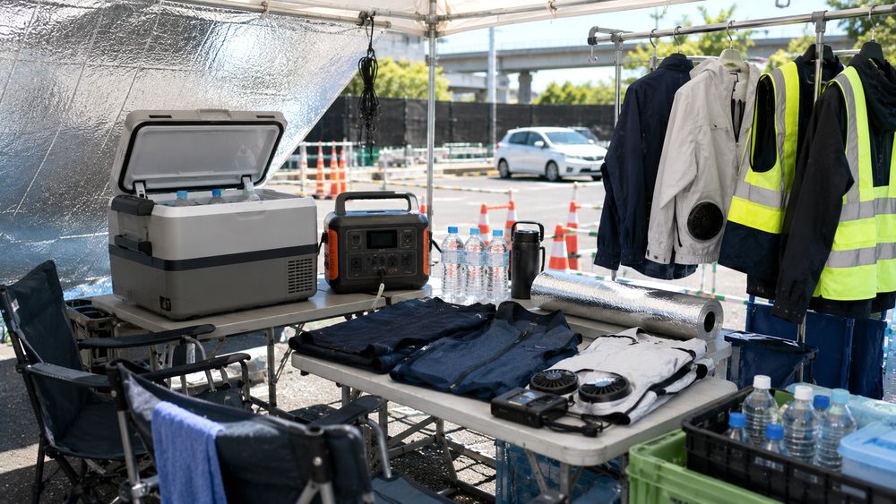 ポータブル電源や冷温庫と遮熱シートで待機場所を整えるイメージ