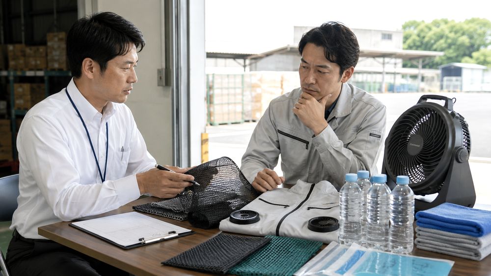 屋外作業の熱中症対策用品を法人担当者が確認するイメージ