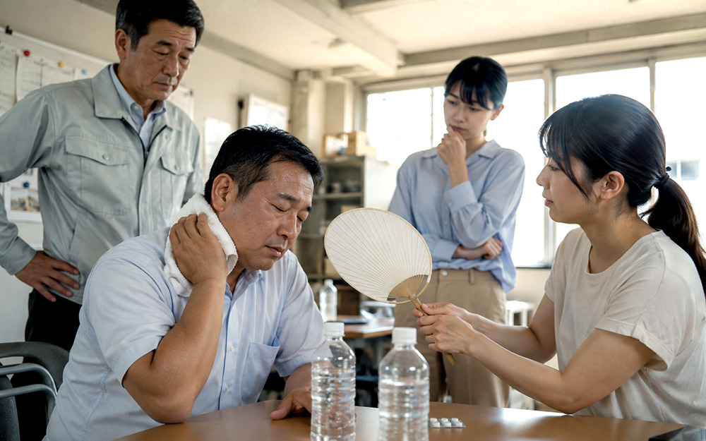 濡れタオルとうちわで身体を冷やすイメージ
