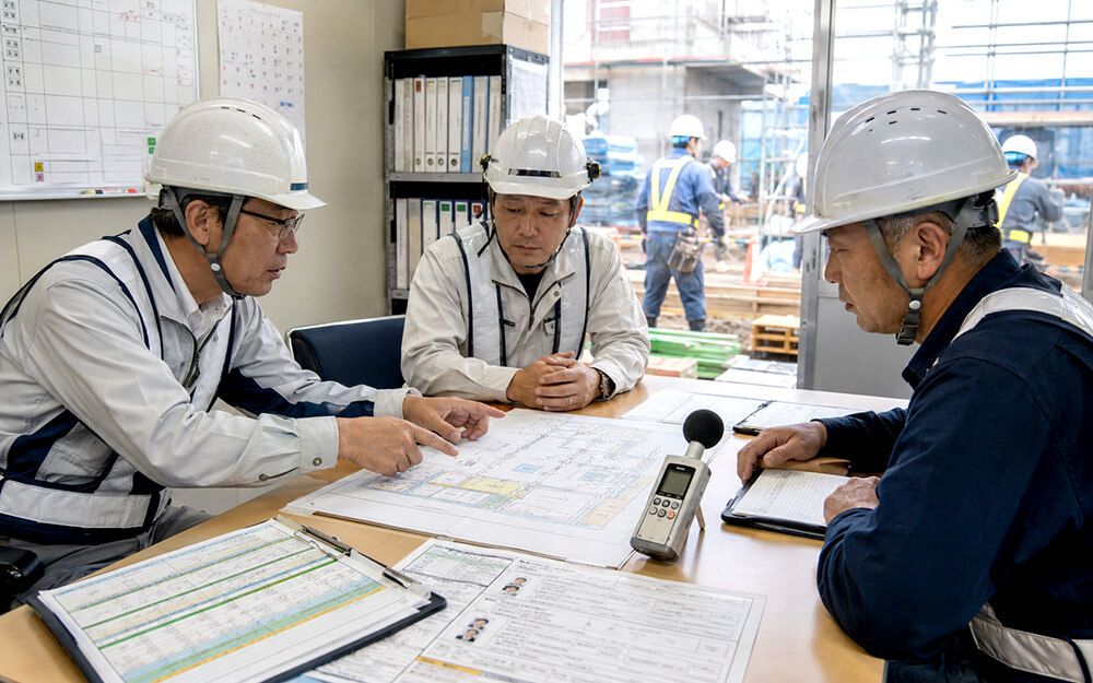 元請と下請が熱中症対策の役割分担を確認する建設現場