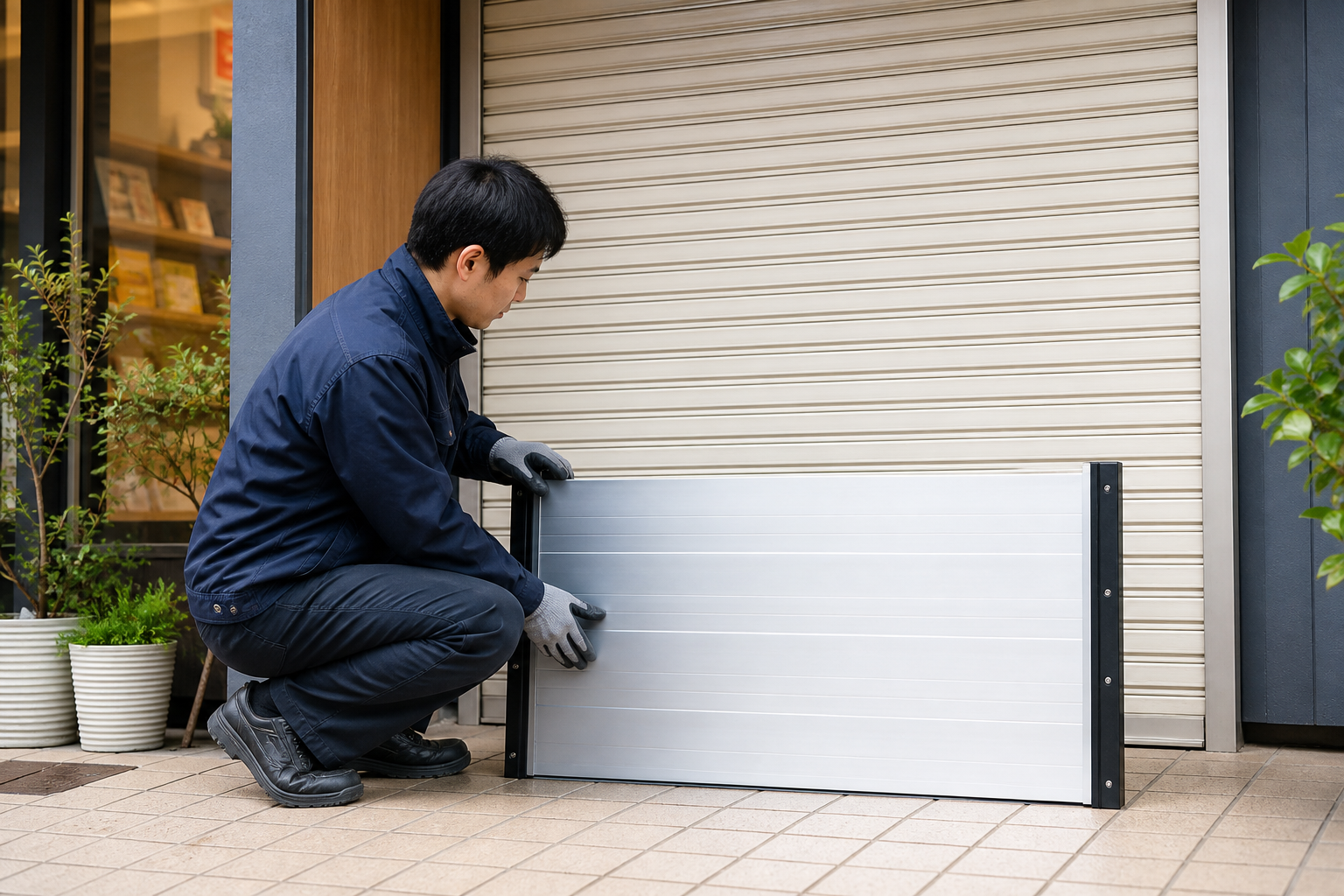 シャッター専用の簡易防水シートを準備するイメージ
