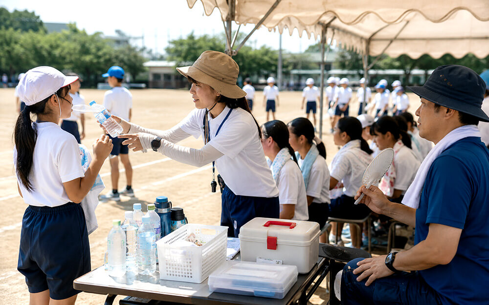 学校やイベントで熱中症と迷走神経反射を防ぐ運用イメージ