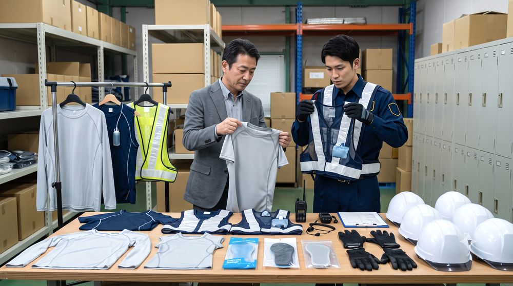 制服・反射ベストと合わせて冷却用品を確認する警備員のイメージ