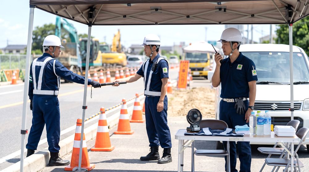 無線で体調確認しながら交代・休憩を運用する警備現場のイメージ