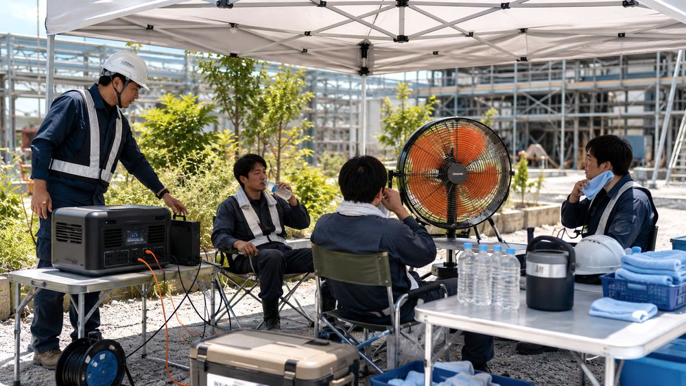 日陰の休憩所に工場扇とポータブル電源を配置した暑さ対策のイメージ