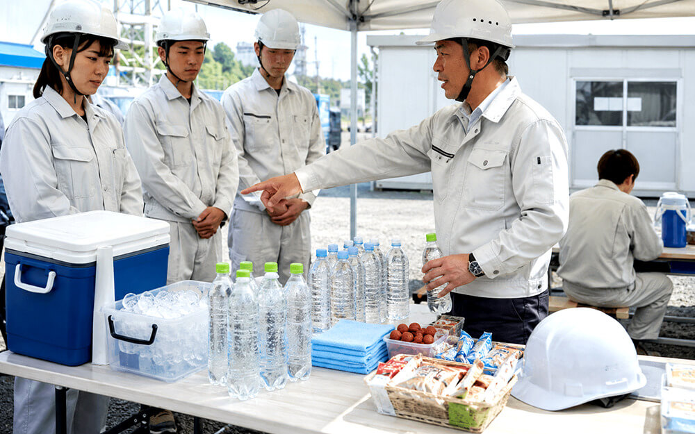 炭酸水とカリカリ梅などの塩分補給食品を休憩所に置く様子
