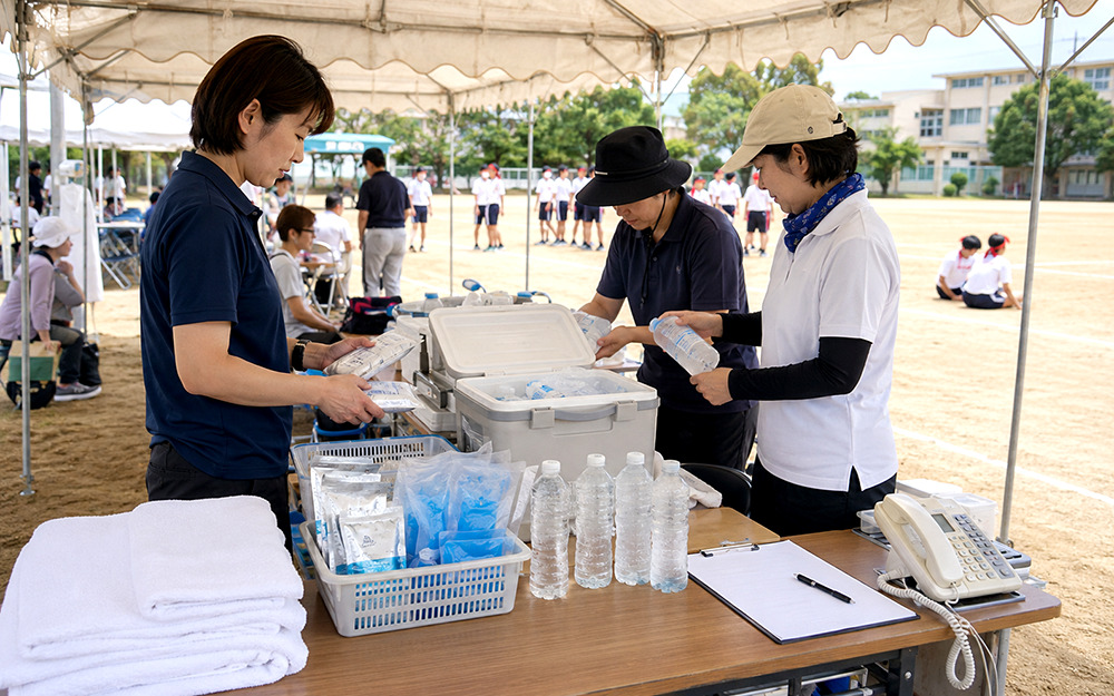 運動会の救護所に熱中症応急セットと冷却用品を備える様子