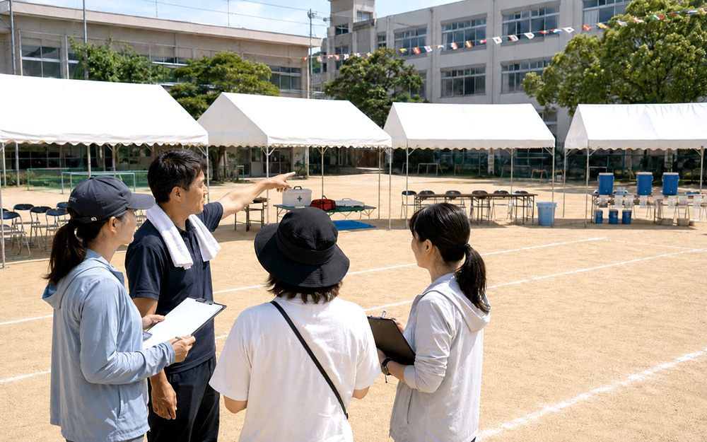 運動会で児童席・救護所・スタッフ休憩所にテントを配置する様子