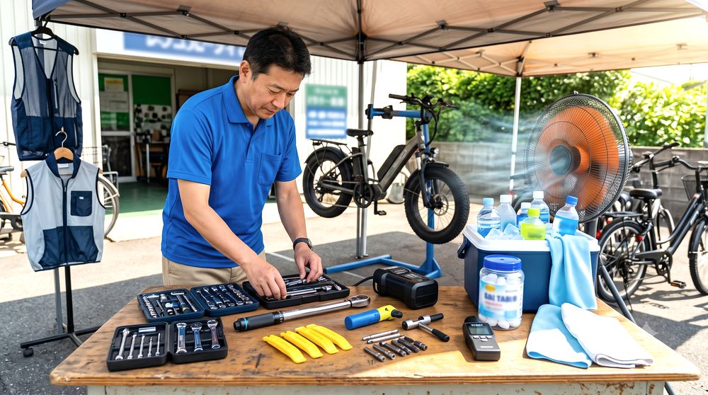 自転車修理中の暑さ対策