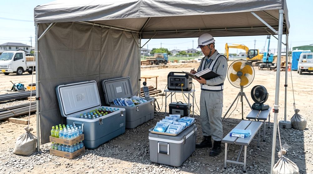 屋外現場の日陰休憩所とプレクーリング・補給用品のイメージ