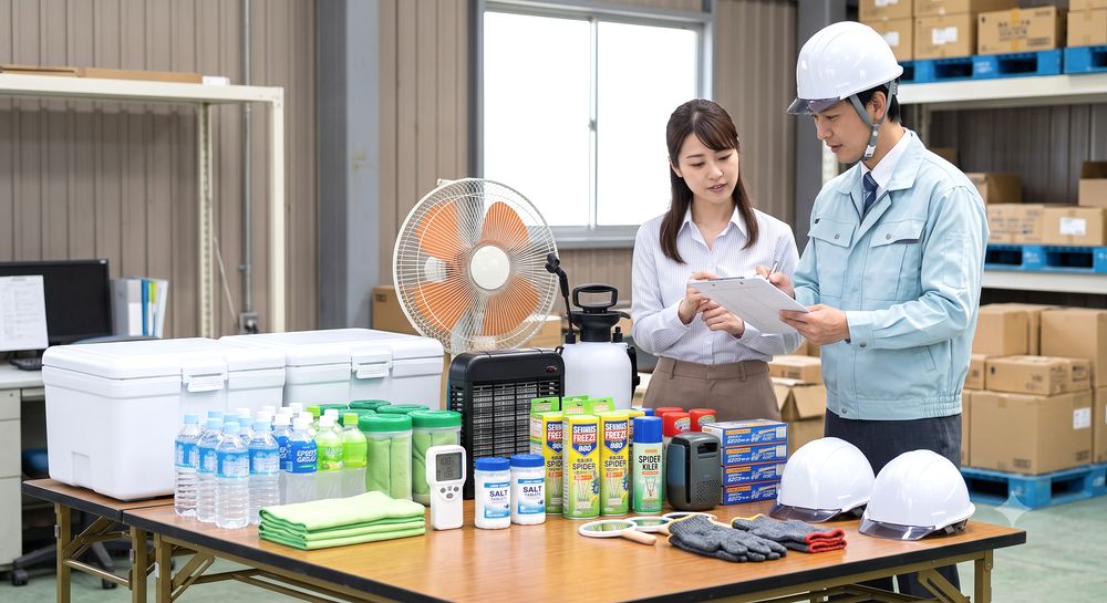 熱中症対策用品と虫対策用品のリストを確認するイメージ