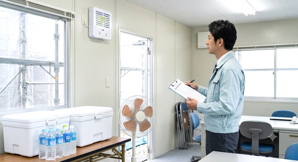 仮設詰所で粘着式捕虫器を使うイメージ