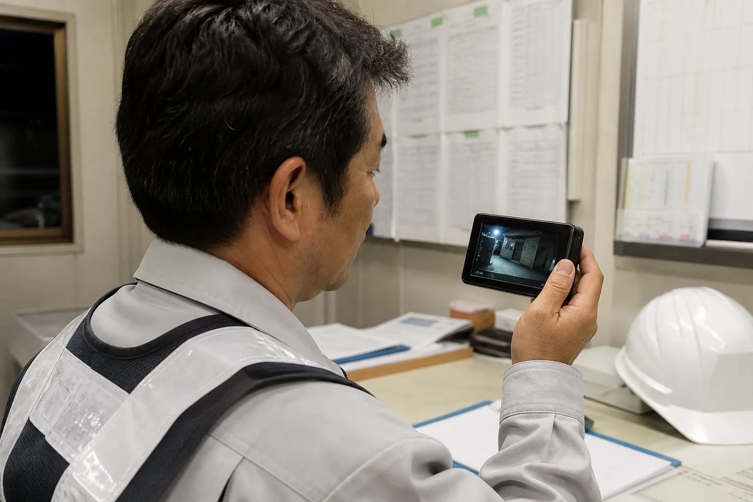 現場担当者が防犯カメラの夜間録画を本体で確認するイメージ