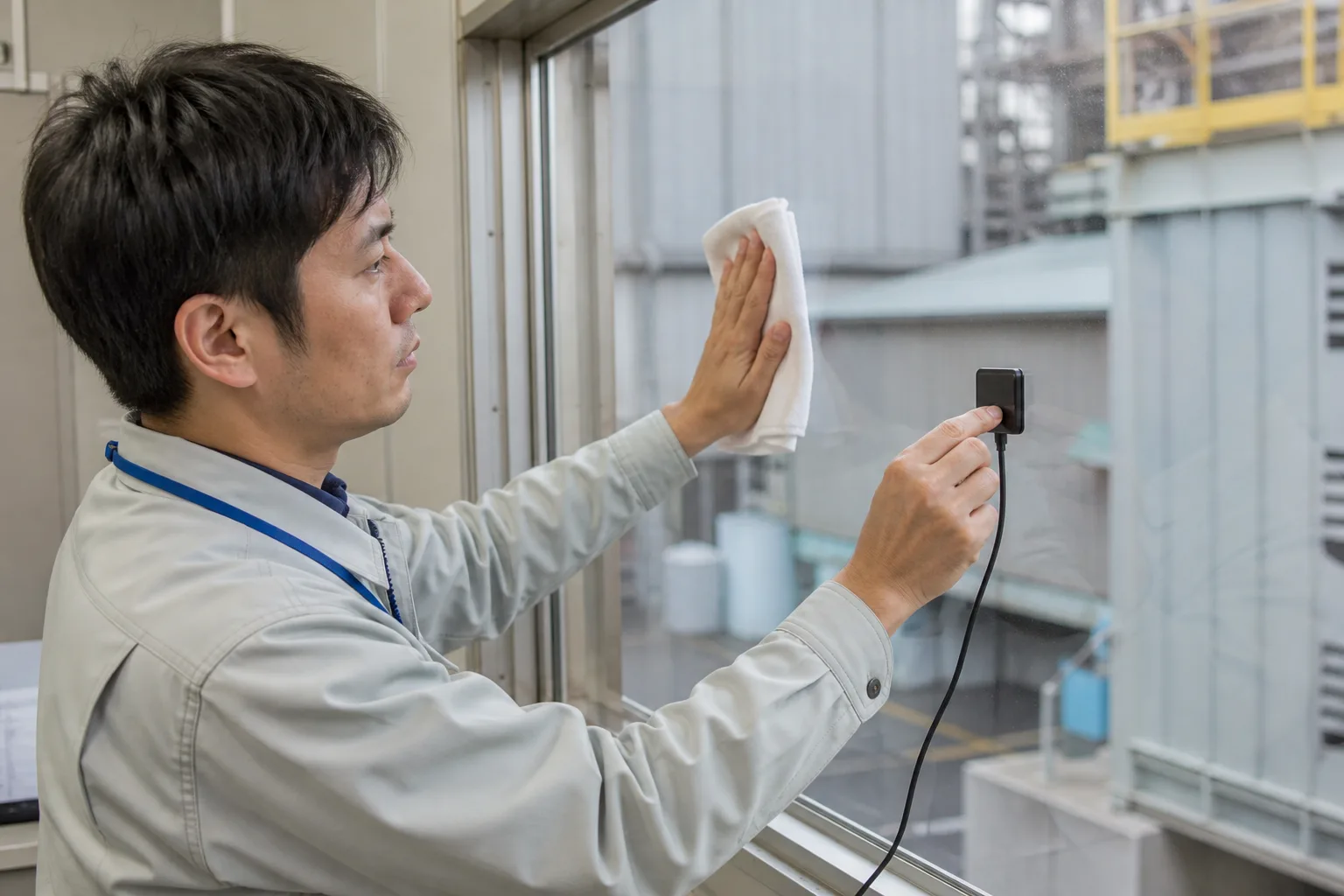 仮設事務所の窓に貼付式の振動センサーを後付けするイメージ