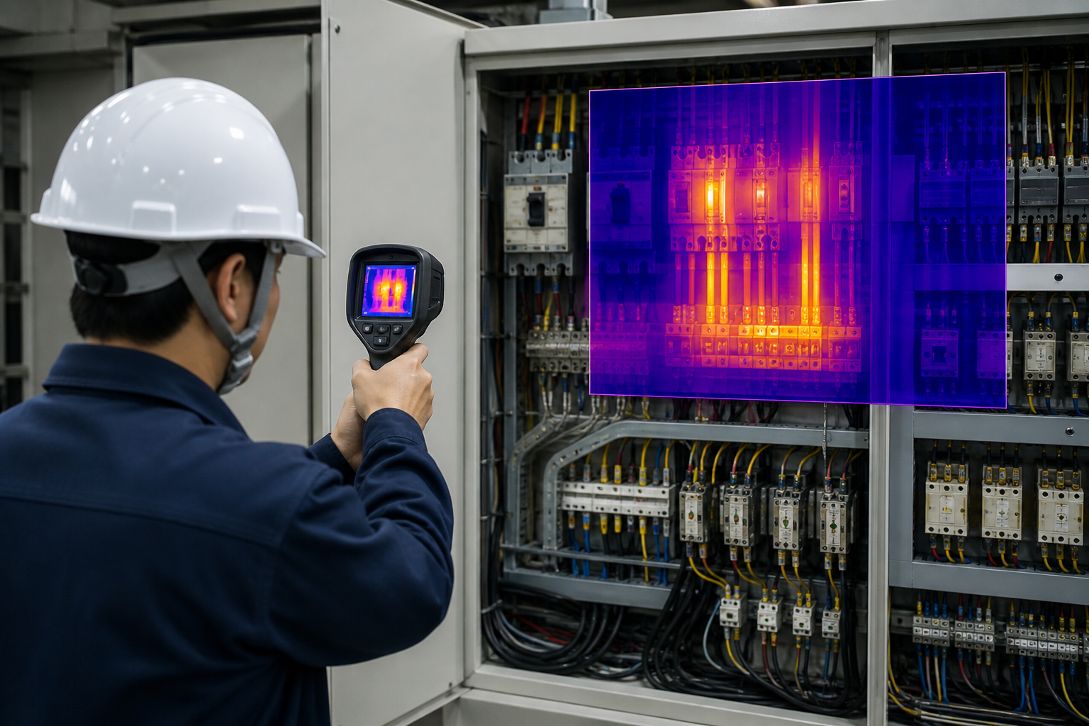 サーモグラフィで分電盤全体を広くスキャンする設備点検イメージ