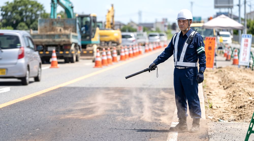 道路脇で照り返しを受けながら交通誘導を行う警備員の暑さリスクイメージ