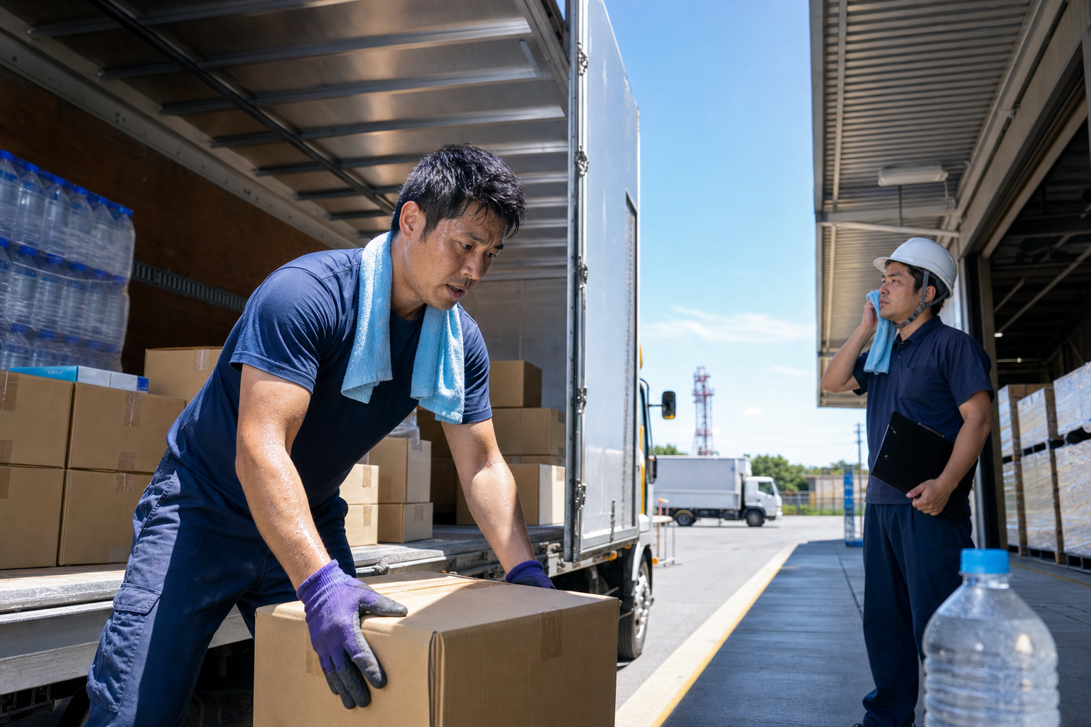 荷下ろし作業中の熱中症リスクと対策のイメージ