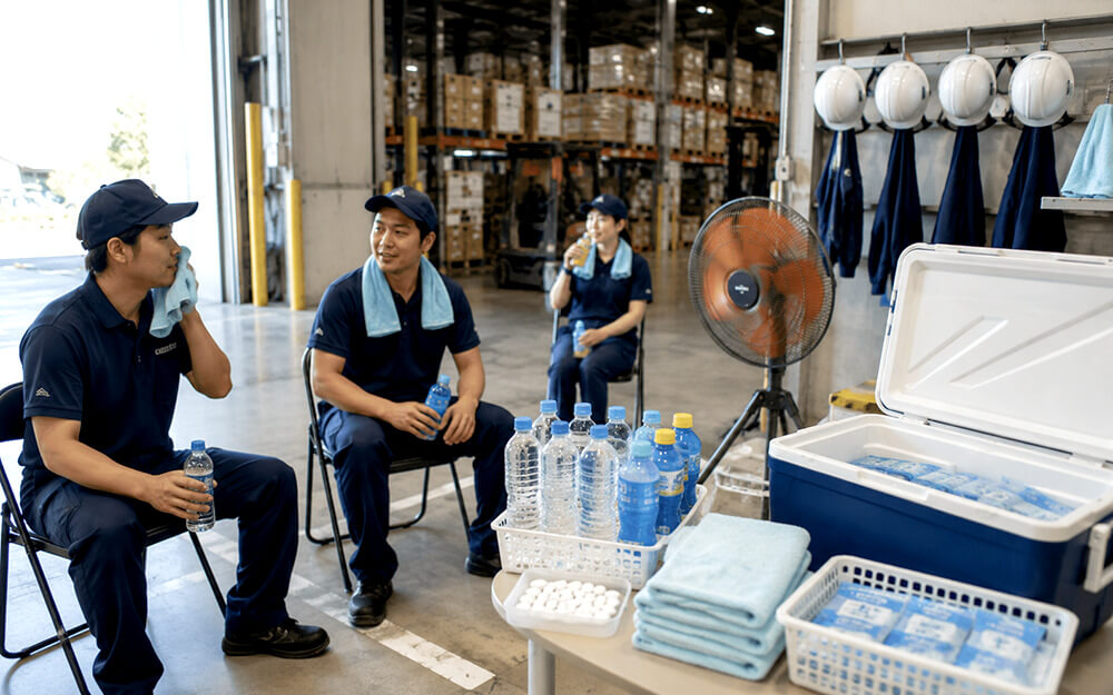 冷却用品や飲料を備えた倉庫の休憩所