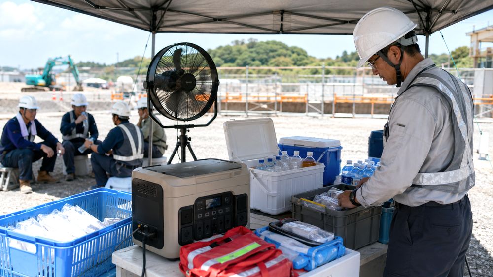 屋外現場の休憩所と応急用品を整備するイメージ