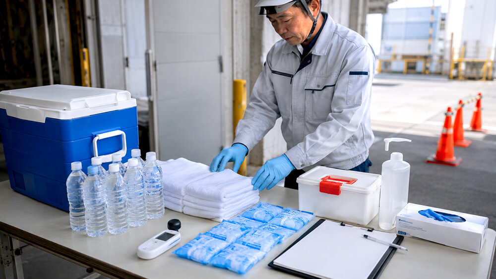 濡れタオルと熱中症応急セットを準備した現場の救護スペース