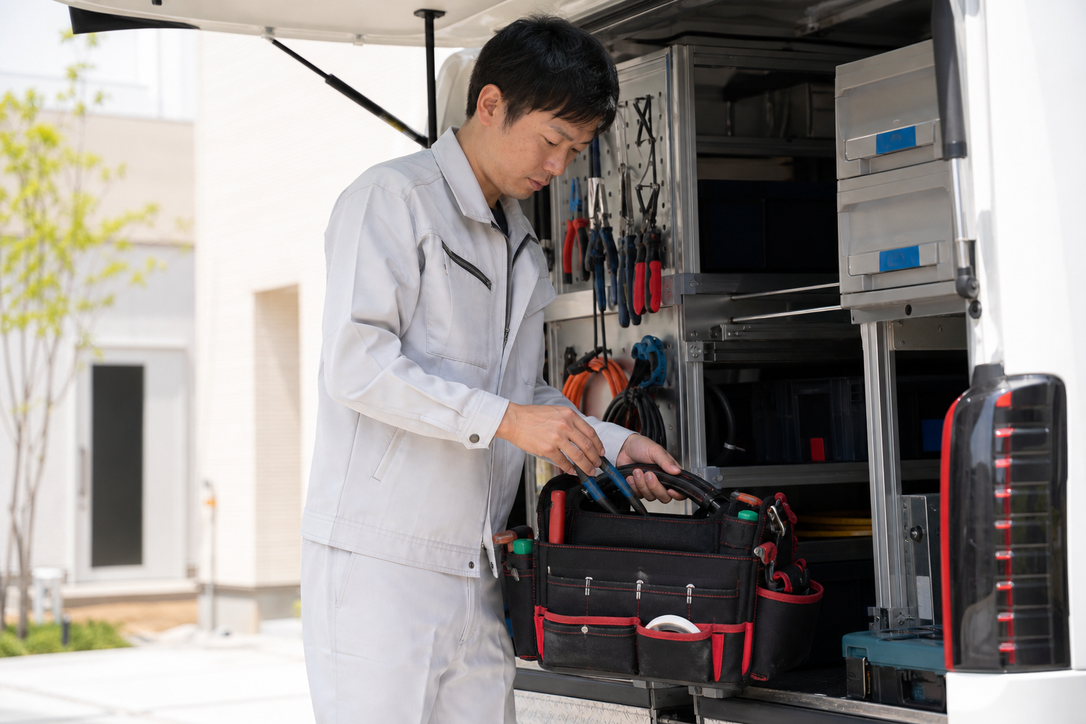 車載収納から必要な工具だけツールバッグへ移すイメージ