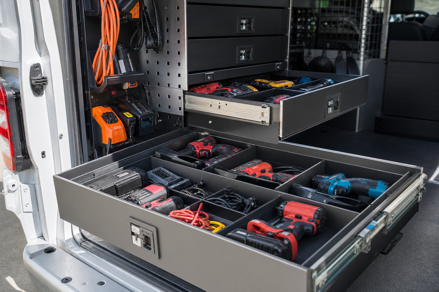 電動工具を深型収納へまとめた作業車のイメージ