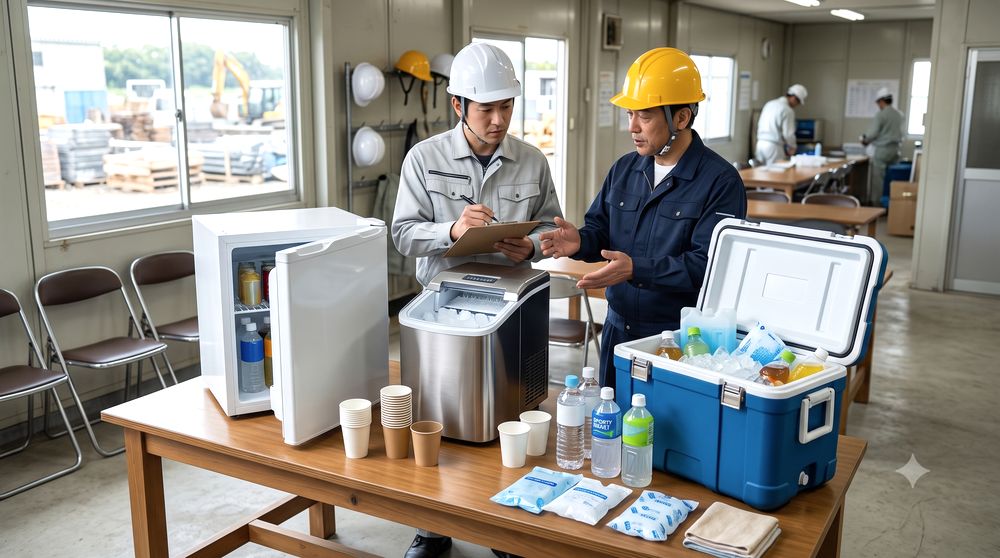 休憩所で冷蔵庫・製氷機・クーラーボックスを比較するイメージ