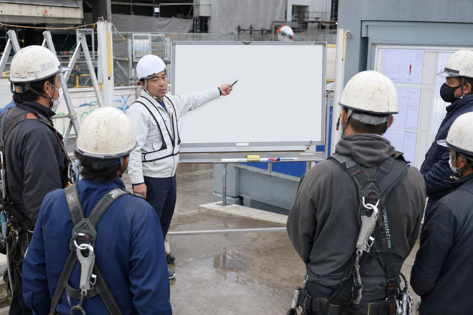 建設現場の朝礼でホワイトボードを使って内容を共有するイメージ