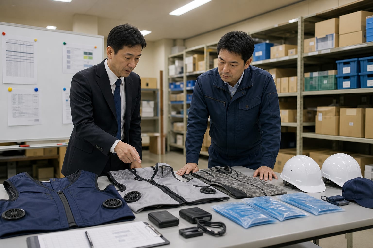 法人担当者が冷却ベストと関連備品を比較検討するイメージ