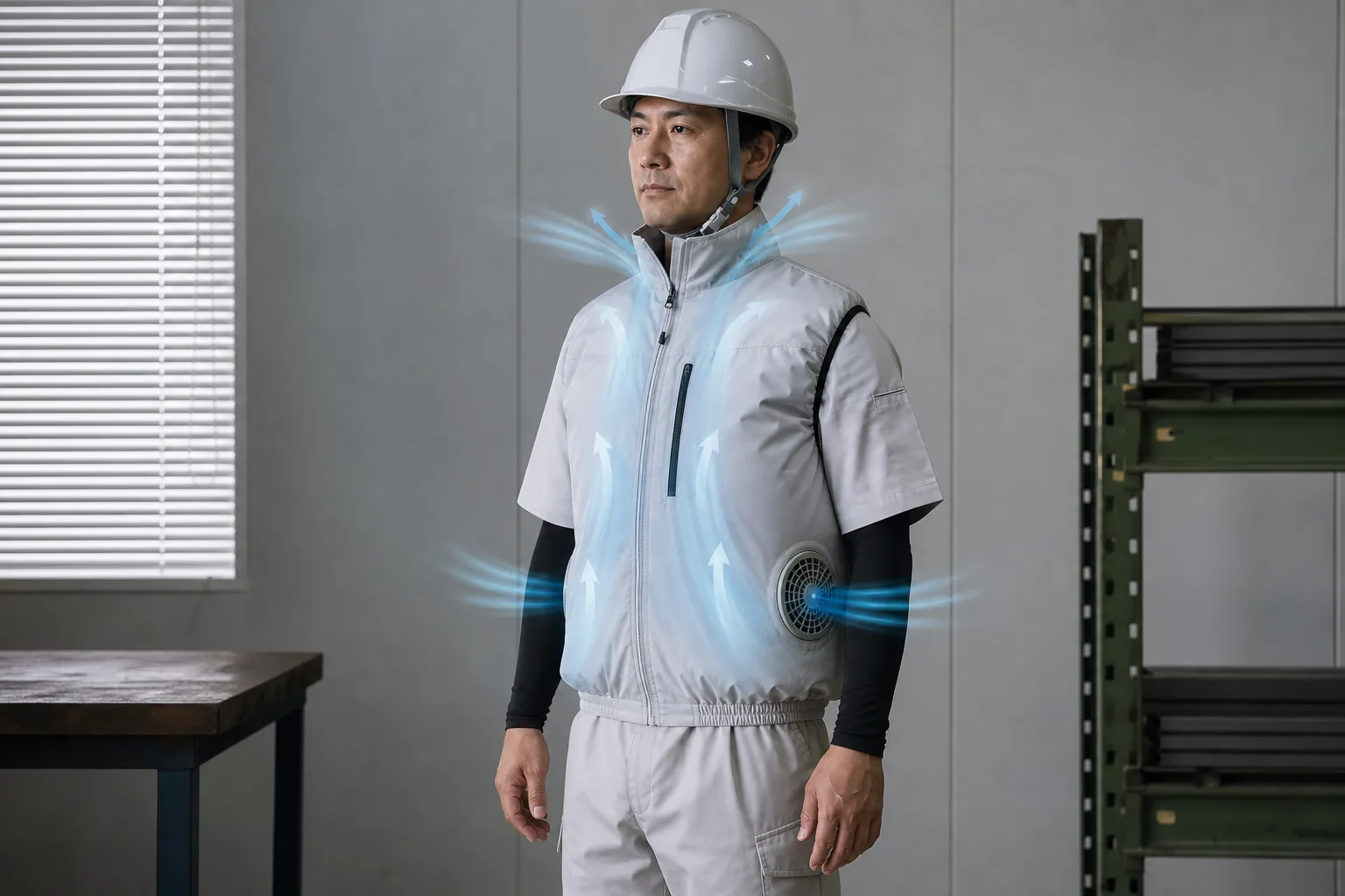 ファン付き作業着の服内に風が流れるイメージ