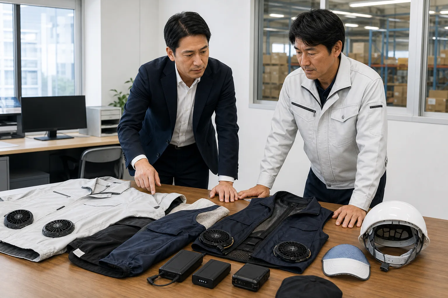 法人担当者がファン付き作業着と冷却用品を選定するイメージ